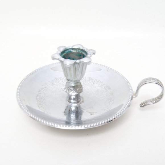 Vintage Silver Plated Chamberstick Embossed Floral Circular Drip Pan Beaded Edge - Picture 5 of 9